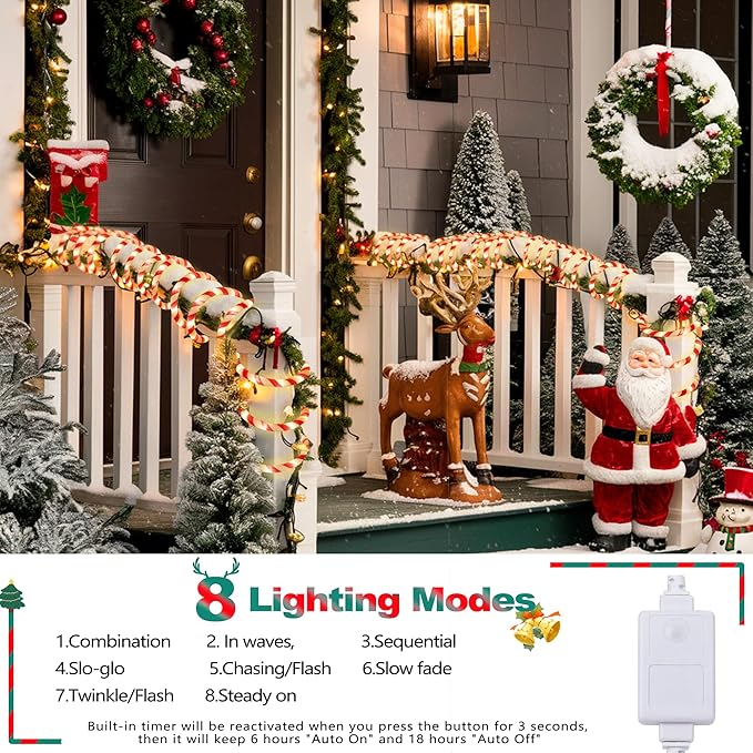 Toodour Christmas Candy Cane Lights, 50ft 360 LED Candy Cane Rope Lights Outdoor with 8 Modes, Connectable, Timer, Waterproof White & Red Christmas Light for Garden Patio Bedroom Party Xmas Decor