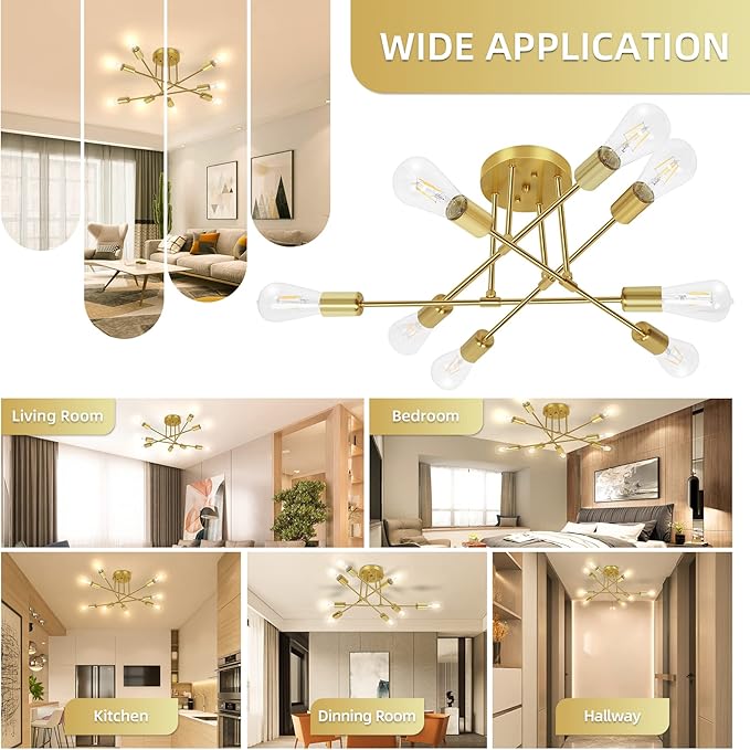 CANMEIJIA 8-Lights Gold Chandelier Sputnik Light Fixture, Sputnik Mount Chandelier Ceiling Lighting, Mid Century Ceiling Lights Fixtures for Bedroom, Dining Room, E26 Base, Bulbs Not Included