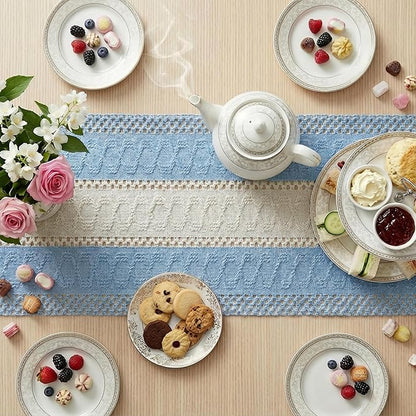 Artoid Mode Sky Blue Farmhouse Rustic Table Runner, Seasonal Hollow Kitchen Dining Table Decoration for Home Party Decor 12x36 Inch