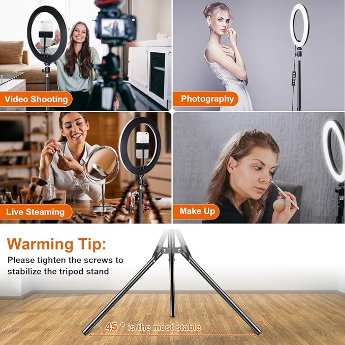 10" Selfie Ring Light with 73" Tripod Stand & 1 Phone Holder, LED Camera Ringlight with 48 RGB Colors Modes & Musical Rhythm Mode and 12 Brightness Dimmable for TikTok/Makeup/Photography/Vlog