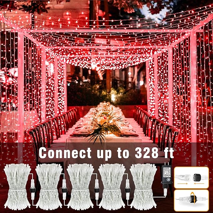 66FT 200 LED Outdoor String Lights, Connectable Christmas Lights Indoor Waterproof with 8 Modes, Plug in Twinkle Fairy Lights Clear Wire for Outside Bedroom Home Garden Wedding Patio Decorations, Red