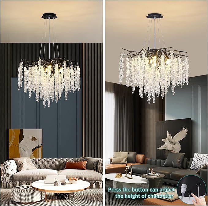 Crystal Tree Branches Chandeliers Luxury Round Raindrop Pendant Light Fixture 8 Light Ceiling Hanging Light for Dining Room Bedroom Living Room Entryway 23.7" Black