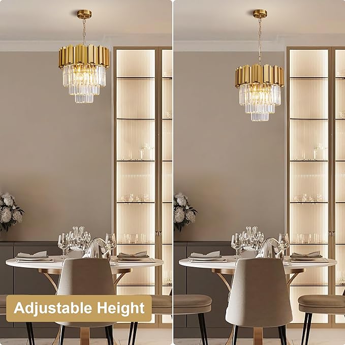 3-Tier 15.8" Modern Gold Crystal Chandelier, 5-Light Round K9 Crystal Pendant Light Fixture for Dining Room, Kitchen Island, Bedroom, Living Room, Foyer, Entryway