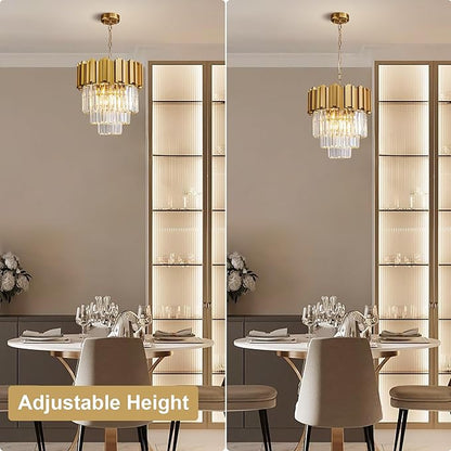 3-Tier 15.8" Modern Gold Crystal Chandelier, 5-Light Round K9 Crystal Pendant Light Fixture for Dining Room, Kitchen Island, Bedroom, Living Room, Foyer, Entryway