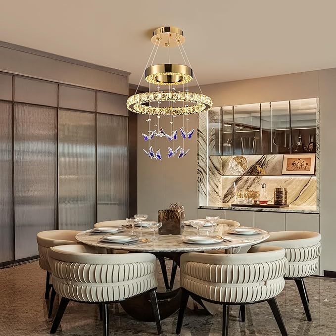 D 18" LED Gold Crystal Butterfly Chandelier, Dimmble LED Light Fixtures with Remote, Gold Modern Round Ring Crystal Chandeliers, for Dining Room, Kitchen Island, Entryway, Living Room, Bedroom