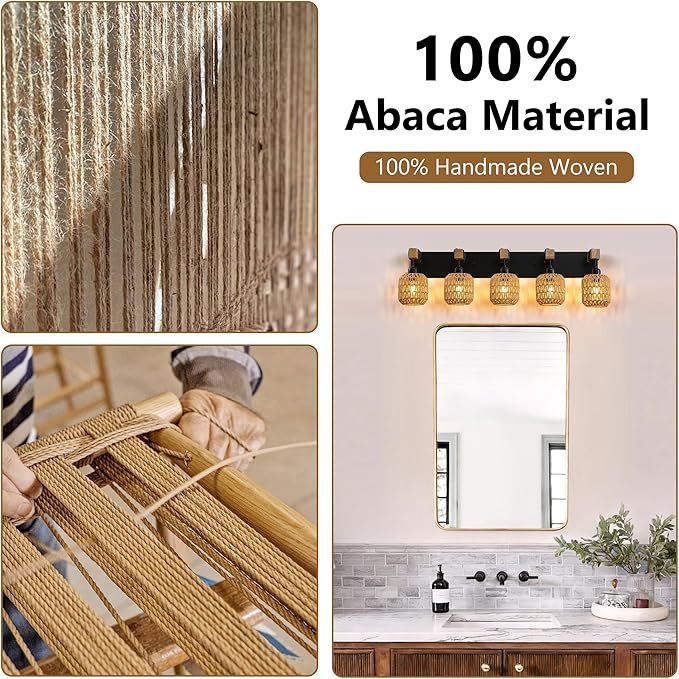 LmnLvn 36" Boho Bathroom Light Fixture, 5-Light Farmhouse Vanity Light, Rattan Bathroom Light Fixture Over Mirror Rustic Vanity Lighting with Handwoven Shades, Suit for Restroom, Bedroom, Hallway