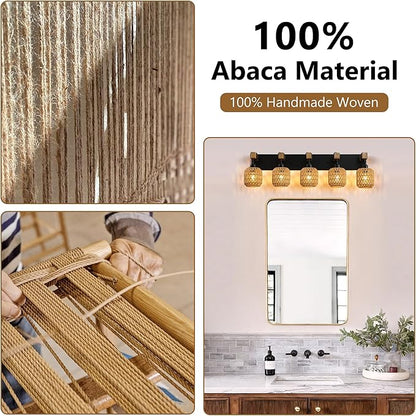 LmnLvn 36" Boho Bathroom Light Fixture, 5-Light Farmhouse Vanity Light, Rattan Bathroom Light Fixture Over Mirror Rustic Vanity Lighting with Handwoven Shades, Suit for Restroom, Bedroom, Hallway