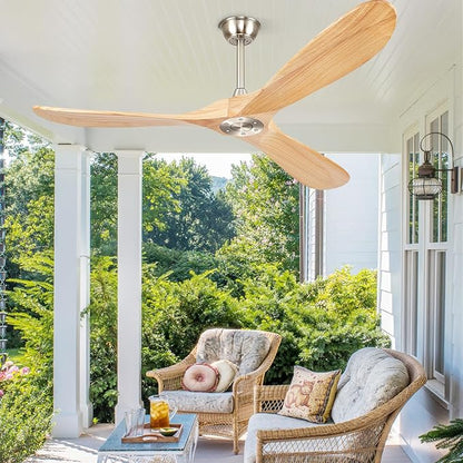 52" Ceiling Fans Without Lights, Solid Wood Ceiling Fan with Remote Control No Light, Modern Ceiling Fan with 3 Blades, Indoor Outdoor Ceiling Fans for Patios, Gazebo(Nature Wood)