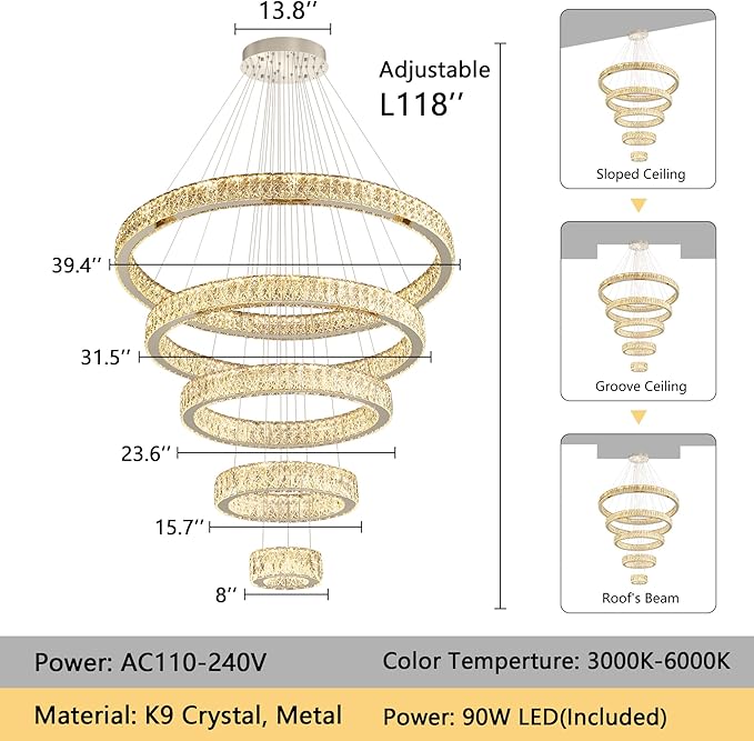 Modern High Ceiling Crystal Chandelier 90W Dimmable LED Chandeliers with Remote Luxury Height Adjustable Large Lighting Fixtures for Living Room Staircase Foyer Silver