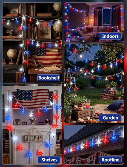 GOOTHY 13.6Ft LED Red White and Blue Star String Lights Plug in, Outdoor 4th of July Decorations Lights with 35 LED Star Light, Hanging Fairy Light for Independence Day Party Garden Patio Birthday