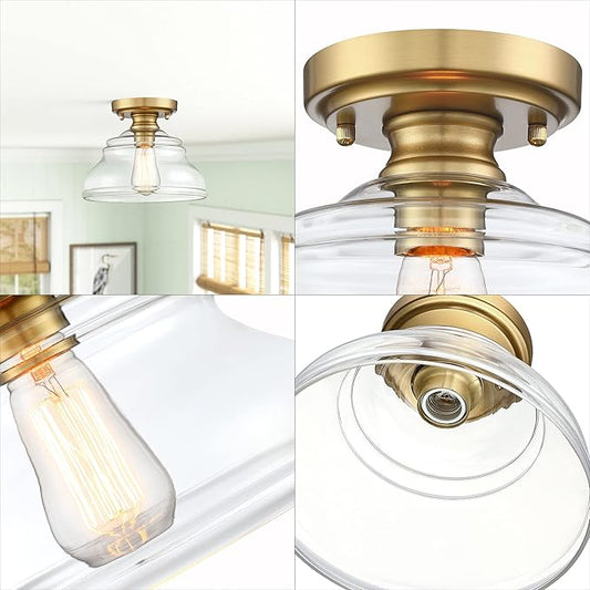 MEXO Industrial Semi Flush Mount Ceiling Light Modern Clear Glass Light Fixture Farmhouse 10" Close to Ceiling Lights in Brushed Gold for Hallway Bedroom, Kitchen Entryway Cafe Bar Porch Dinning Room