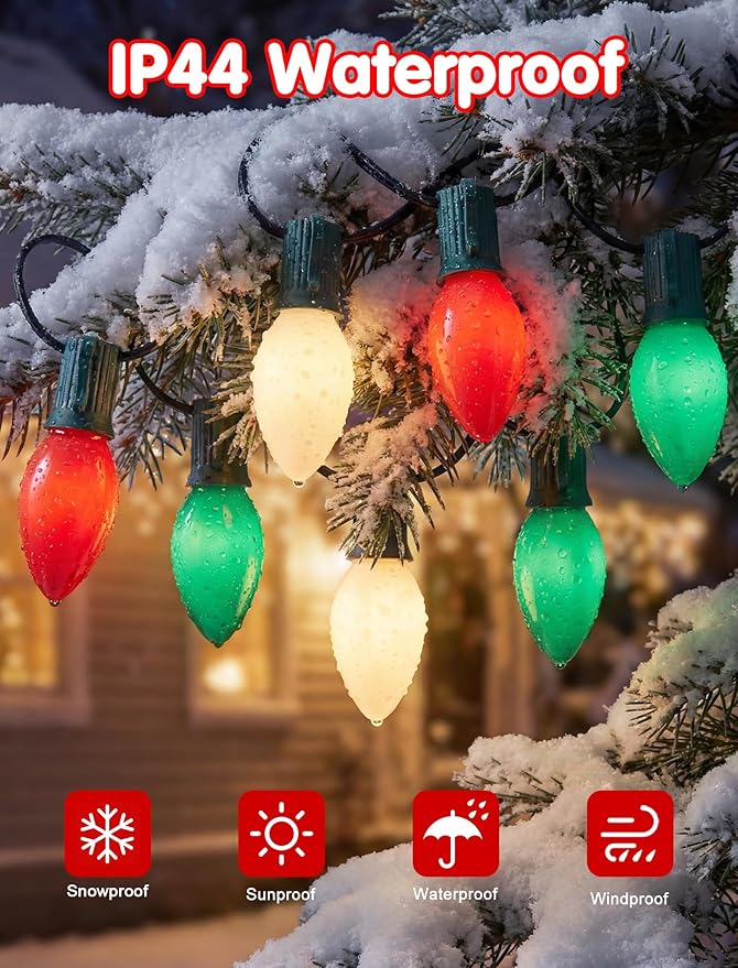 C9 Red Green White Christmas Lights, 25FT Multicolor Christmas Decorations String Lights with 26 Ceramics Bulbs, Connectable Vintage Xmas Tree Decor for Indoor Home Outdoor Patio Holiday Party Garden