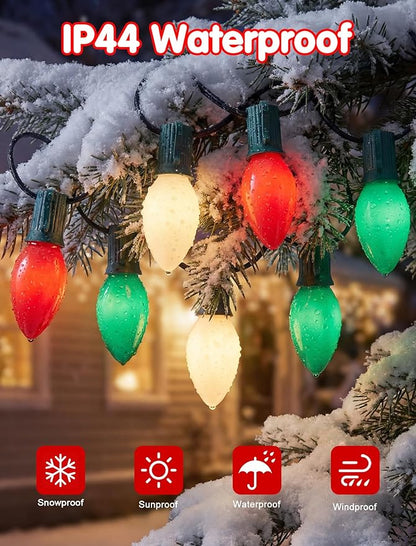 C9 Red Green White Christmas Lights, 25FT Multicolor Christmas Decorations String Lights with 26 Ceramics Bulbs, Connectable Vintage Xmas Tree Decor for Indoor Home Outdoor Patio Holiday Party Garden