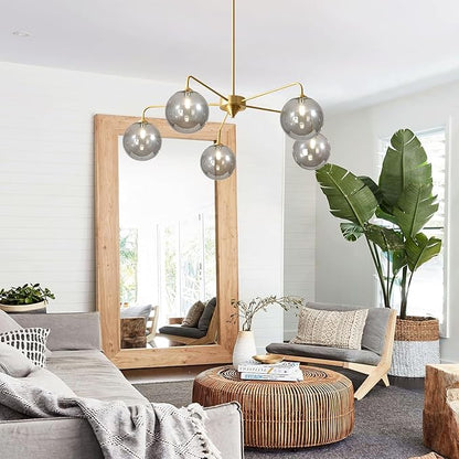 5-Light Gold Sputnik Chandelier, Mid Century Modern, Smoke Gray Glass Shade, Kitchen, Dining, Bedroom, 38.6" L x 30.7" H