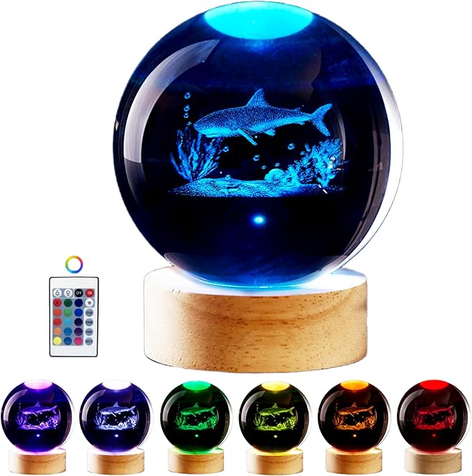 Shark Crystal Ball Night Light, 3.15 Inch K9 Crystal Ball with Wooden Base, 16 Colors, Remote Control, Art Deco Decor