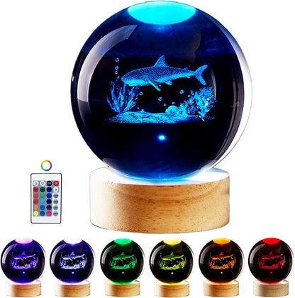 Shark Crystal Ball Night Light, 3.15 Inch K9 Crystal Ball with Wooden Base, 16 Colors, Remote Control, Art Deco Decor