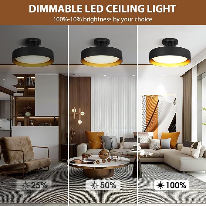 SunRider Semi Flush Mount Ceiling Lights, 12 Inch 25W LED Ceiling Light Fixture Black for Hallway Kitchen, Gold Inside, 5000K Daylight White, Dimmable