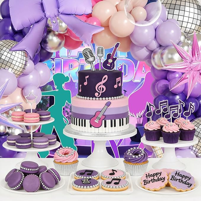 JOGAMS 171Pcs Kpop Balloons Arch Kit, Idol Stage Style Pink Purple Silver Disco Balloon Garland with Bow Guitar Star Music Note Foil Balloons for K-Pop Music Disco Theme Birthday Concert-Style Stage