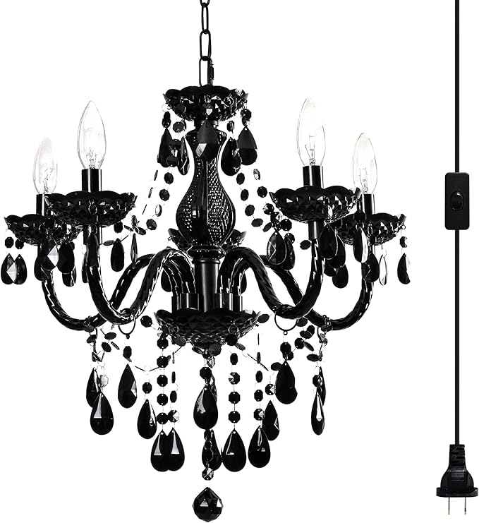 Black Modern 5-Light Crystal Chandelier Acrylic Hanging Pendant Light with Plug-in Cord & Switch, 19x19.7 Inch for Kitchen Island Dining Room Bedroom Decor