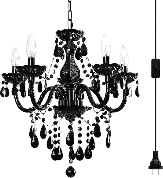 Black Modern 5-Light Crystal Chandelier Acrylic Hanging Pendant Light with Plug-in Cord & Switch, 19x19.7 Inch for Kitchen Island Dining Room Bedroom Decor