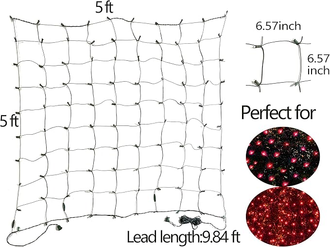 HISHINY LED Red Christmas Net Lights Outdoor,5ftx5ft 100LED Green Wire, Connectable Indoor Outdoor Bush Mesh Net Lights String for Valentines Day Decor,Shrub,Yard,Tree（Red）