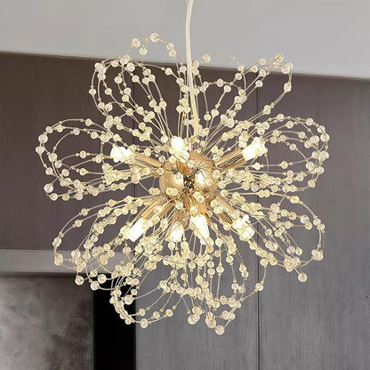 Firework Crystal Chandeliers, 8-Light Dandelion Gold Chandelier for Dining Room, Sputnik Small Chandeliers Light Fixture for Bedroom, Living Room, Kitchen, Restaurant