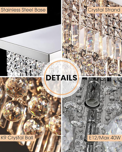 7PM Rectangular Chandelier, Modern Dining Room Light Fixture with Luxury K9 Raindrop Chandelier Crystals, 6 Lights Flush Mount Rectangle Chandelier for Kitchen, Living Room, L31.5'' x W10'' x H10''