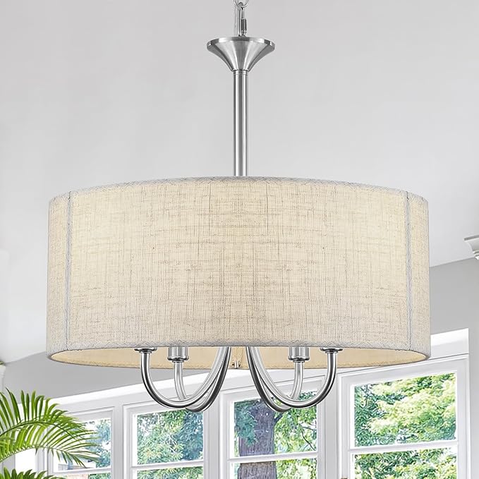 Drum Chandelier for Dining Room, 4-Light Modern Farmhouse Brushed Nickel Chandelier with Linen Drum Shade, 16" Hanging Pendant Ceiling Light Fixture for Kitchen Island Bedroom Living Room