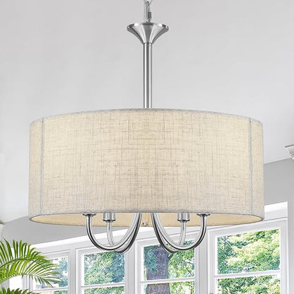 Drum Chandelier for Dining Room, 4-Light Modern Farmhouse Brushed Nickel Chandelier with Linen Drum Shade, 16" Hanging Pendant Ceiling Light Fixture for Kitchen Island Bedroom Living Room