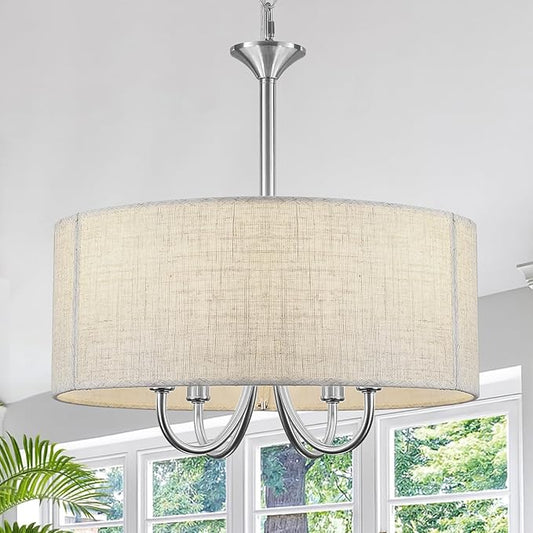 Drum Chandelier for Dining Room, 4-Light Modern Farmhouse Brushed Nickel Chandelier with Linen Drum Shade, 16" Hanging Pendant Ceiling Light Fixture for Kitchen Island Bedroom Living Room
