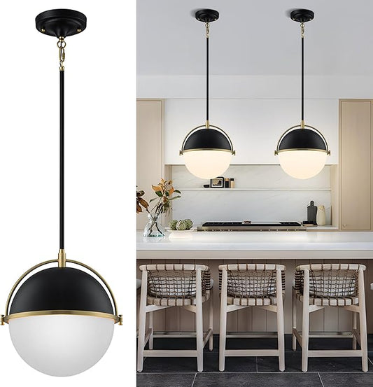 Globe Pendant Lights Kitchen Island, Black and Gold 11.4 Inch Pendant Light Fixtures with Milk Globe Glass Shade, Pendant Lighting for Dining Room Cafes Restaurants Living Room