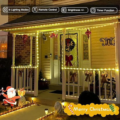 JMEXSUSS 2 Pack Christmas Lights Battery Operated Rope Lights Warm White - Outdoor Waterproof, 200LED 66ft 8 Modes Battery Powered String Light with Remote for Tree Garden Christmas Decorations