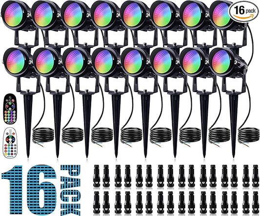 SUNVIE RGBW Low Voltage Landscape Lighting 12W LED Color Changing Landscape Lights Remote Control Waterproof Spotlights Outdoor Landscaping Lights for Yard Garden Christmas 16 Pack with Connector