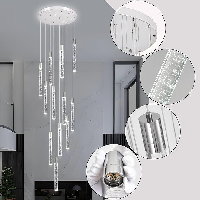 12-Lights Bubble Chandelier for Entryway High Ceiling-137 Height Adjustable Crystal Chandelier,3 Color Temperature Dimmable LED Pendant Light Fixture for Foyer Living Room Staircase,Chrome