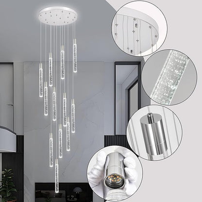 12-Lights Bubble Chandelier for Entryway High Ceiling-137 Height Adjustable Crystal Chandelier,3 Color Temperature Dimmable LED Pendant Light Fixture for Foyer Living Room Staircase,Chrome