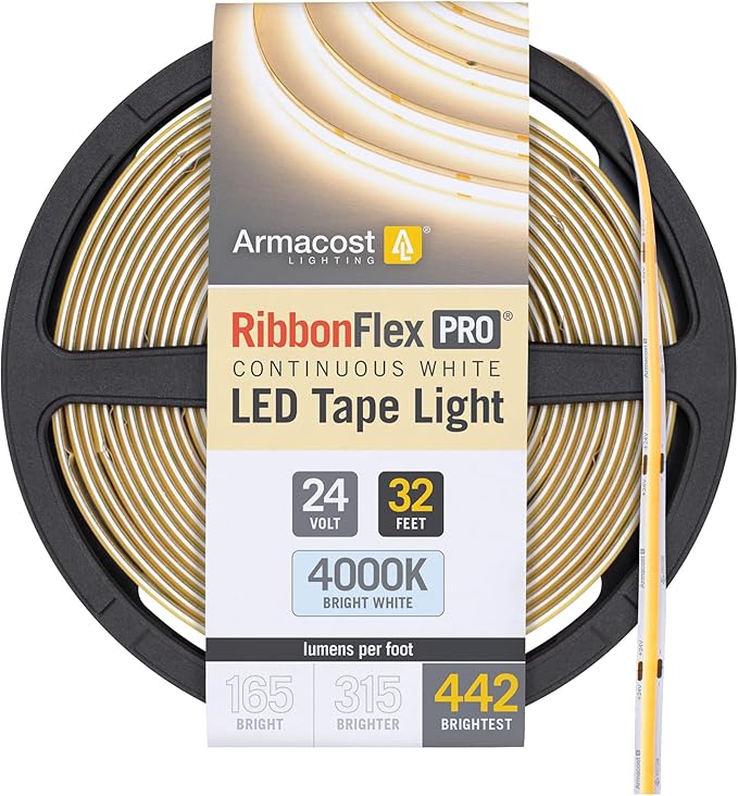 Armacost Lighting RibbonFlex Pro 24V White COB LED Strip Light Tape 4000K, 442 Lumens/Ft, 10M 173350