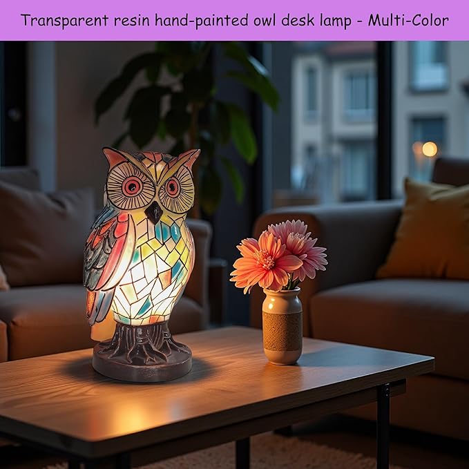 Owl Lamp Tiffany Style Stained Vintage Resin Colorful Tiffany Owl Table Lamps for Bedroom Living Room Nursery Office, Whimsical Animal Desk Lamp, Birthday Gifts for Girl Mother Grandmother Woman.