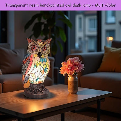 Owl Lamp Tiffany Style Stained Vintage Resin Colorful Tiffany Owl Table Lamps for Bedroom Living Room Nursery Office, Whimsical Animal Desk Lamp, Birthday Gifts for Girl Mother Grandmother Woman.