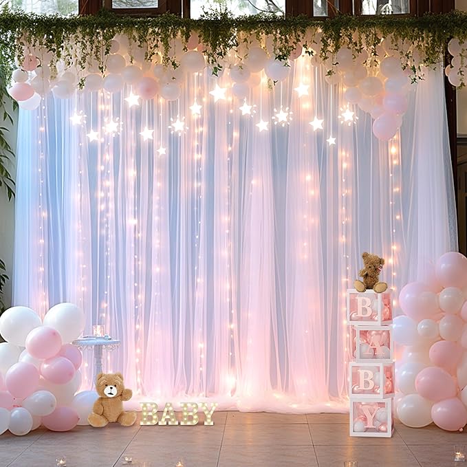 20×12ft White Tulle Backdrop Curtain with Lights String for Parites Sheer Fabric Backdrop Curtains White Backdrop Drapes for Wedding Baby Shower Birthday Party Photo Shoot Background 4 Panels 5ft×12ft