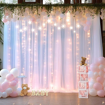 20×15ft White Tulle Backdrop Curtain with Lights String for Parites Sheer Fabric Backdrop Curtains White Backdrop Drapes for Wedding Baby Shower Birthday Party Photo Shoot Background 4 Panels 5ft×15ft
