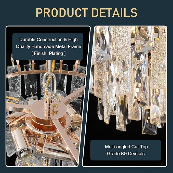 7-Light Crystal Gold Chandelier Modern 3-Tier K9 Crystal Round Light Fixture 16" Pendant Chandelier for Kitchen Island Dining Room Bedroom Foyer Entryway Hallway, E12