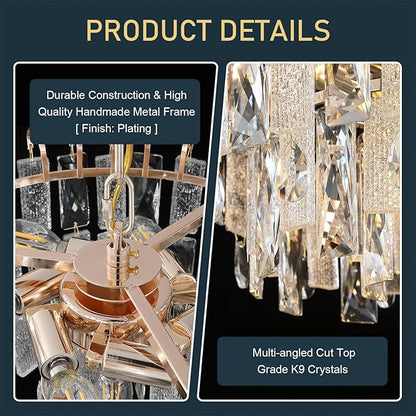 7-Light Crystal Gold Chandelier Modern 3-Tier K9 Crystal Round Light Fixture 16" Pendant Chandelier for Kitchen Island Dining Room Bedroom Foyer Entryway Hallway, E12