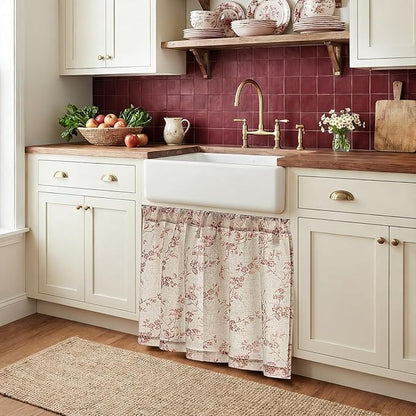jinchan Floral Kitchen Curtains 24 Inch Linen Tier Curtains Farmhouse Cafe Half Window Drapes Over Sink Light Filtering for Living Room Laundry RV Rod Pocket 2 Panels Maroon Red on Beige