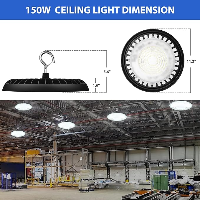 dephen UFO LED High Bay Light 150W, 5000K Plug in Shop Lights, 16,500M LED Garage Ceiling Lights with US Hook, 120VAC High Bay LED Lighting for Workshop Barn Warehouse UL-Listed
