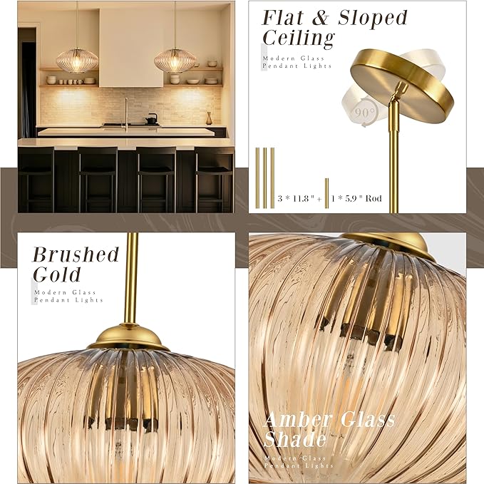 12" Amber Glass Modern Pendant Light Kitchen Island 2 Pack Brushed Gold Mid Century Modern Pendant Lighting with Clear Amber Glass Hanging Pendant Light for Dining Room（Bulb Incl.）
