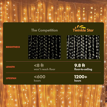 Twinkle Star 300 LED Curtain String Lights, 8 Modes Plug in Fairy Lights for Bedroom,Wedding,Party,Birthday, Hanging Twinkle Light for Indoor Outdoor Wall Window Backdrop Decoration, Warm White