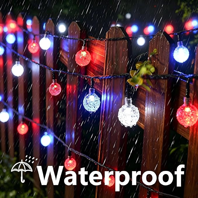 Joomer 4th of July Red White Blue Solar String Lights,39FT 60LED Waterproof with 8 Lighting Modes Patio Lights for Independence Day Garden Yard Gazebo Party