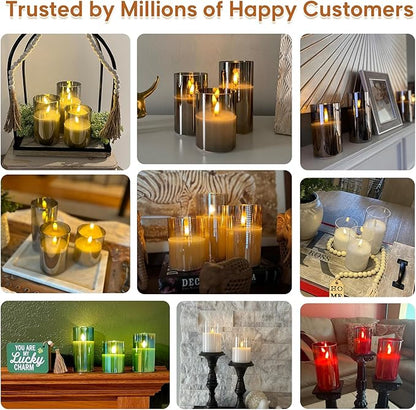 Eywamage Smoke Grey Glass Flameless Pillar Candles with Remote, Flickering LED Battery Candles Table Decor Set of 3