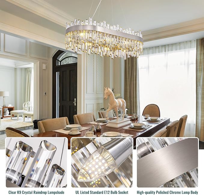 Siljoy Modern Crystal Chandelier, Luxury Rectangular 2-Tiers K9 Crystal Raindrop Chandelier, 16-Light Adjustable Hanging Crystal Ceiling Light for Dining Room Living Room Kitchen L35.4''