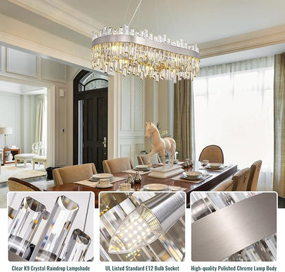 Siljoy Modern Crystal Chandelier, Luxury Rectangular 2-Tiers K9 Crystal Raindrop Chandelier, 16-Light Adjustable Hanging Crystal Ceiling Light for Dining Room Living Room Kitchen L35.4''